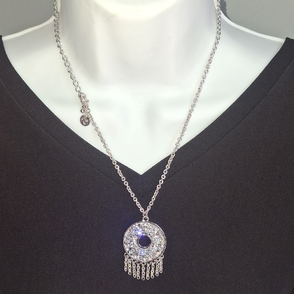 Touchstone Crystal Silver-Tone Pendant Necklace with Rhinestone Center